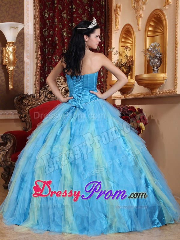 Ruched Beading Tulle Aqua Blue Sweetheart Quinceanera Dresses