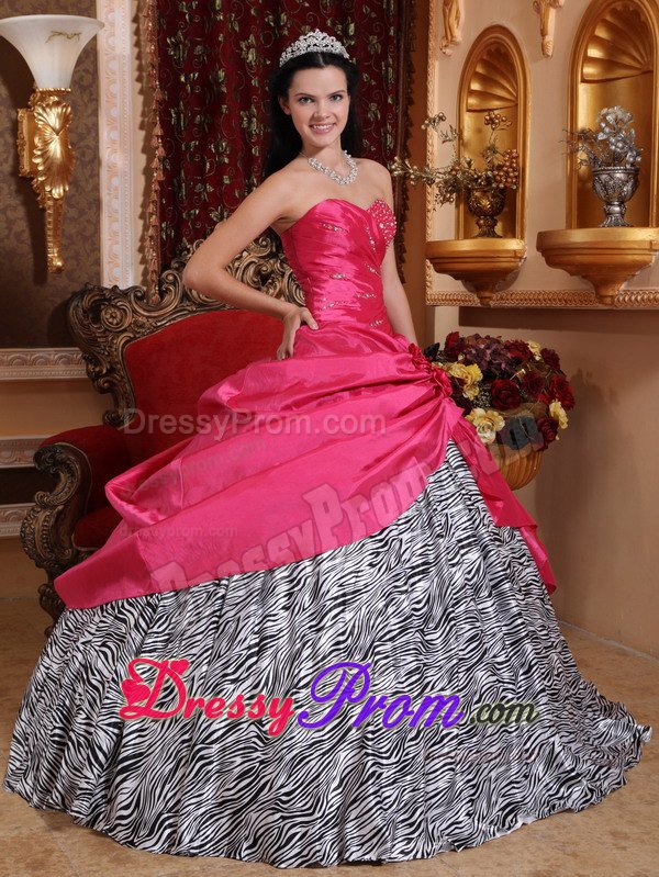 Zebra Hot Pink Beading Hand Made Flowers Quinceanera Dresses