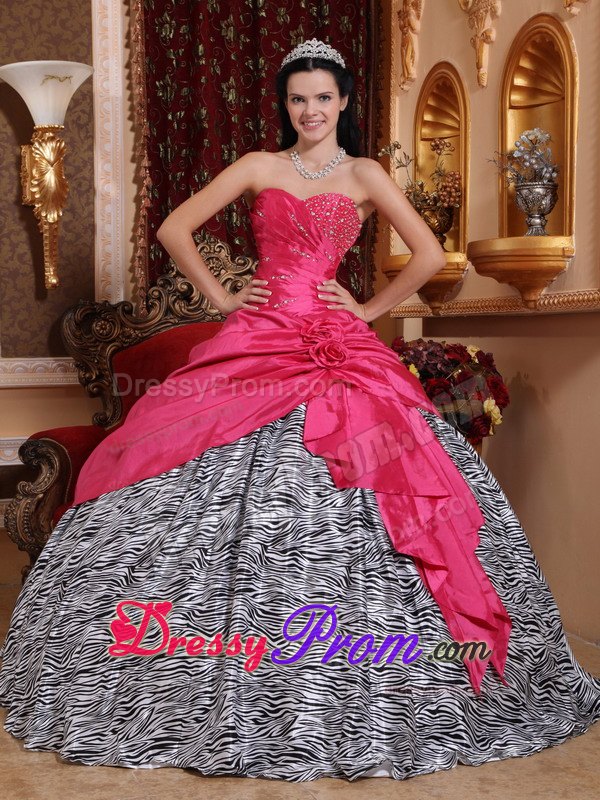 Zebra Hot Pink Beading Hand Made Flowers Quinceanera Dresses