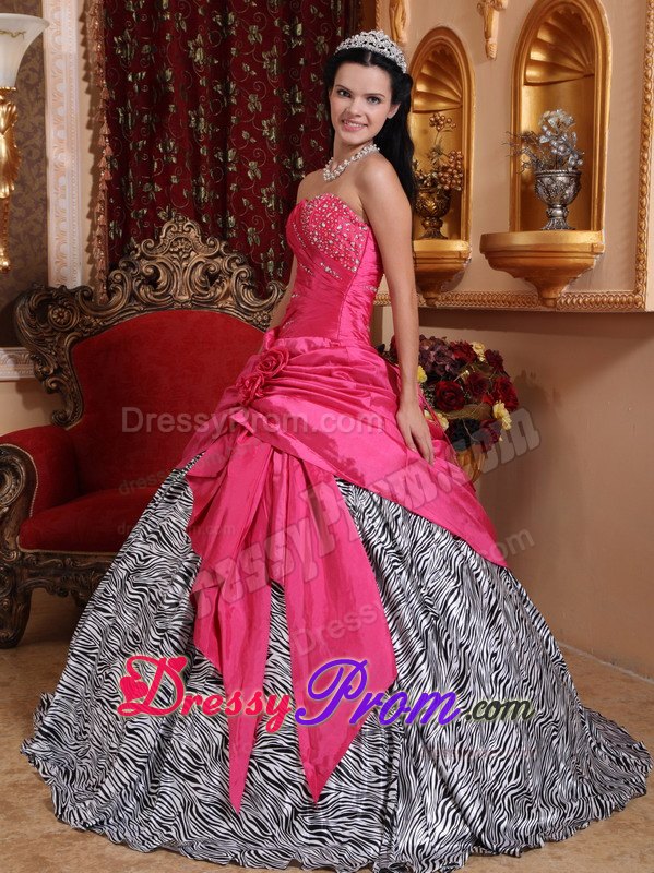 Zebra Hot Pink Beading Hand Made Flowers Quinceanera Dresses