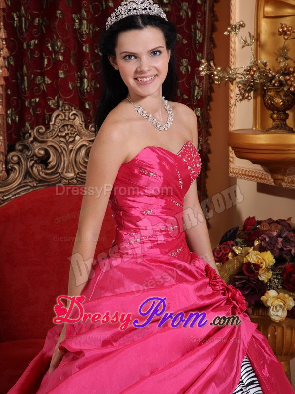 Zebra Hot Pink Beading Hand Made Flowers Quinceanera Dresses