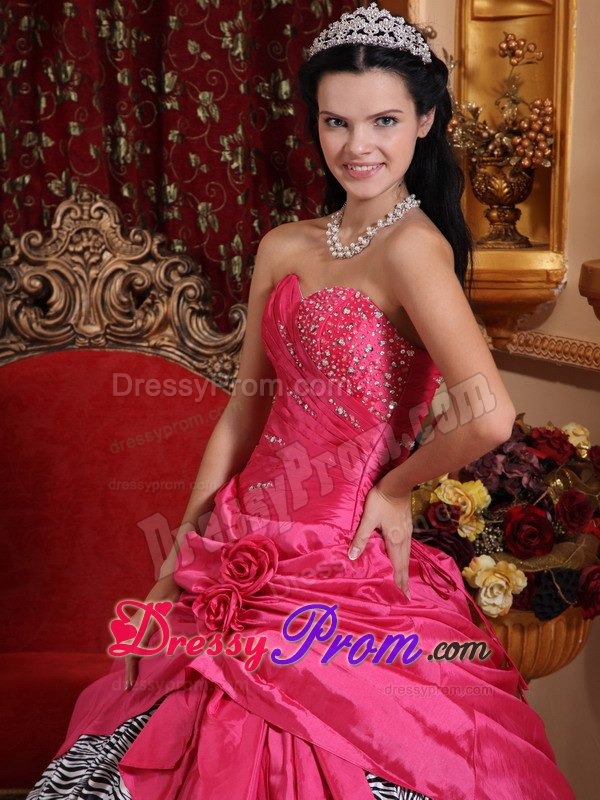 Zebra Hot Pink Beading Hand Made Flowers Quinceanera Dresses
