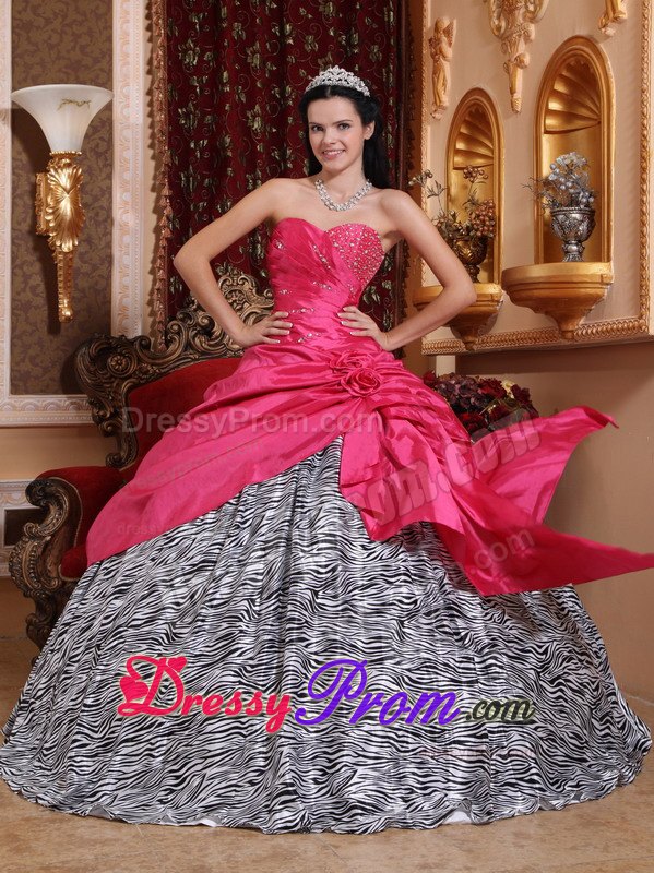 Zebra Hot Pink Beading Hand Made Flowers Quinceanera Dresses