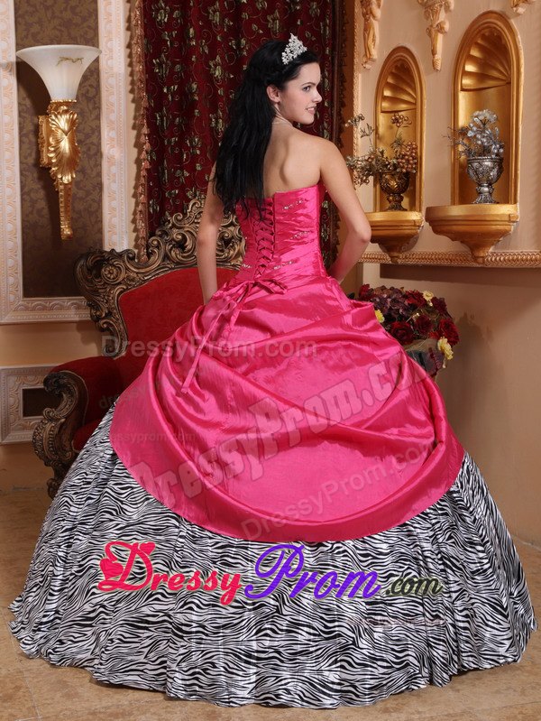 Zebra Hot Pink Beading Hand Made Flowers Quinceanera Dresses