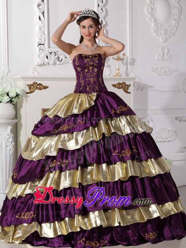 Purple and Gold Embroidery Layered Taffeta Quinceanera Dresses