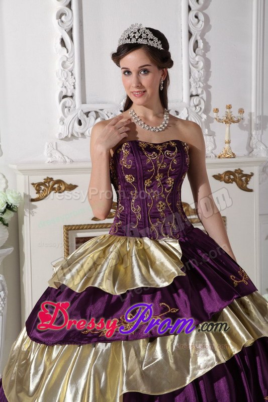 Purple and Gold Embroidery Layered Taffeta Quinceanera Dresses