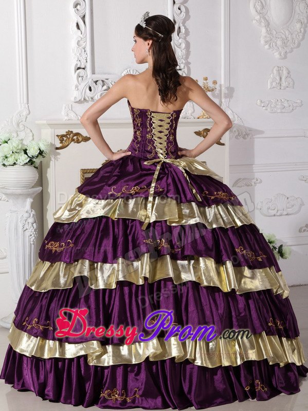 Purple and Gold Embroidery Layered Taffeta Quinceanera Dresses