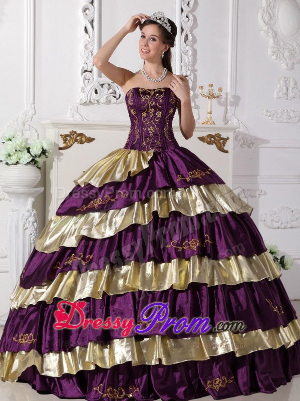 Purple and Gold Embroidery Layered Taffeta Quinceanera Dresses