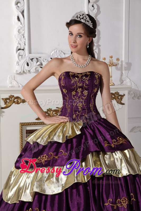 Purple and Gold Embroidery Layered Taffeta Quinceanera Dresses