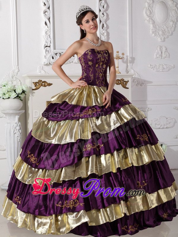 Purple and Gold Embroidery Layered Taffeta Quinceanera Dresses