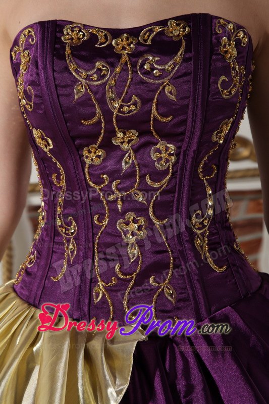 Purple and Gold Embroidery Layered Taffeta Quinceanera Dresses