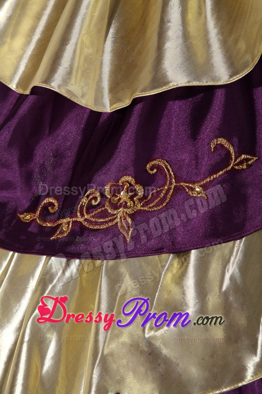 Purple and Gold Embroidery Layered Taffeta Quinceanera Dresses