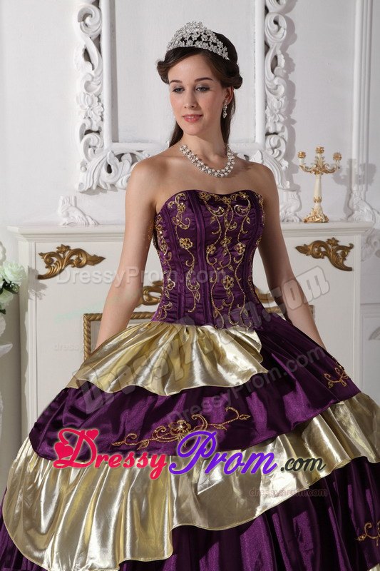 Purple and Gold Embroidery Layered Taffeta Quinceanera Dresses