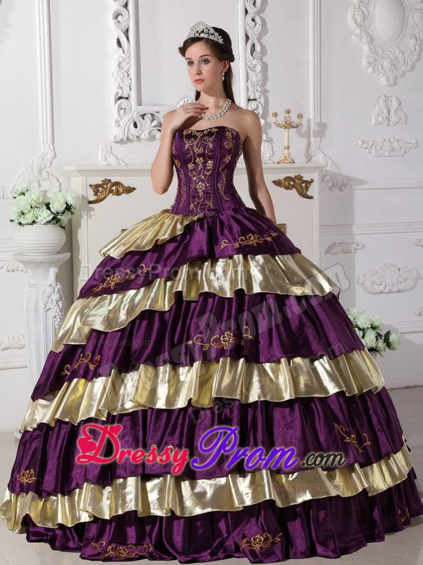 Purple and Gold Embroidery Layered Taffeta Quinceanera Dresses