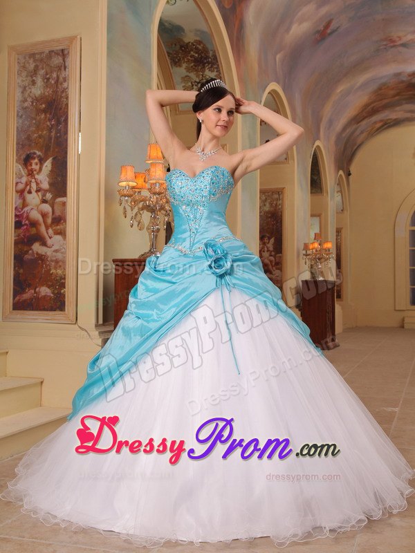 Hand Made Flowers Aqua Blue and White Beading Quinceanera Dress