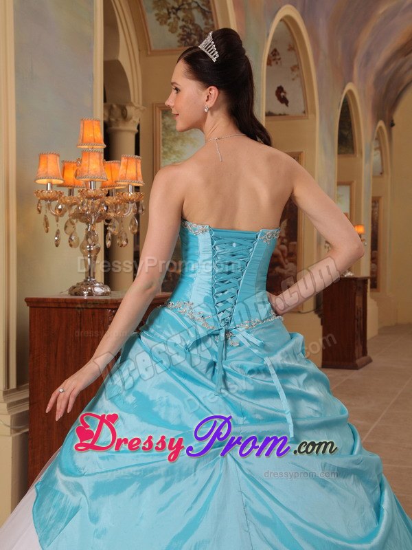 Hand Made Flowers Aqua Blue and White Beading Quinceanera Dress