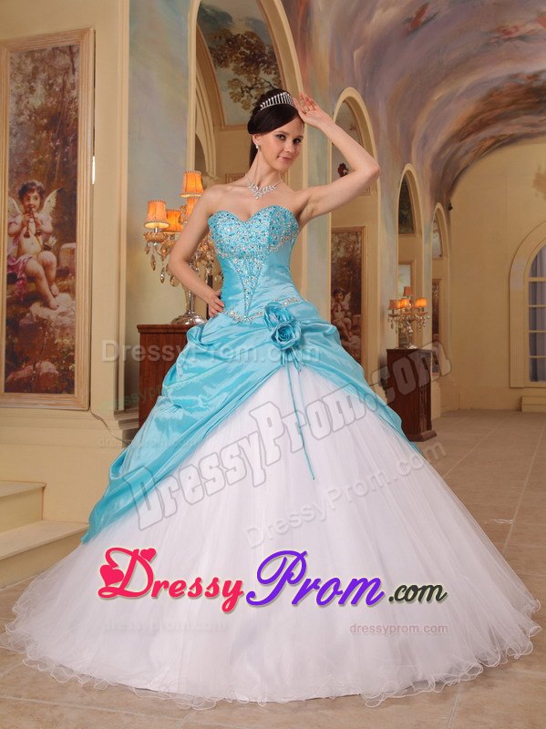 Hand Made Flowers Aqua Blue and White Beading Quinceanera Dress