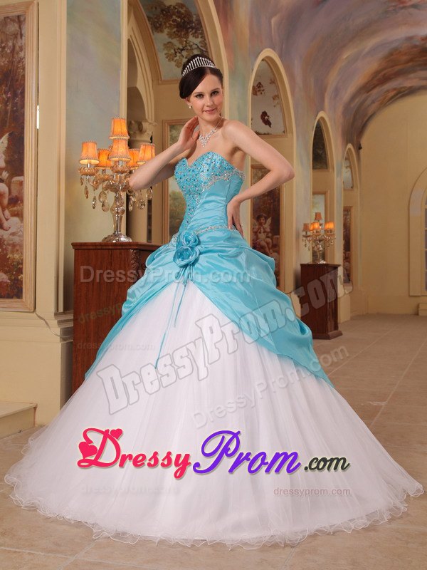 Hand Made Flowers Aqua Blue and White Beading Quinceanera Dress