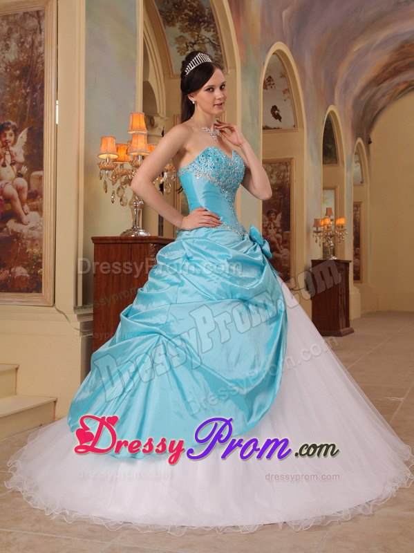 Hand Made Flowers Aqua Blue and White Beading Quinceanera Dress
