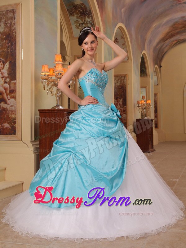 Hand Made Flowers Aqua Blue and White Beading Quinceanera Dress