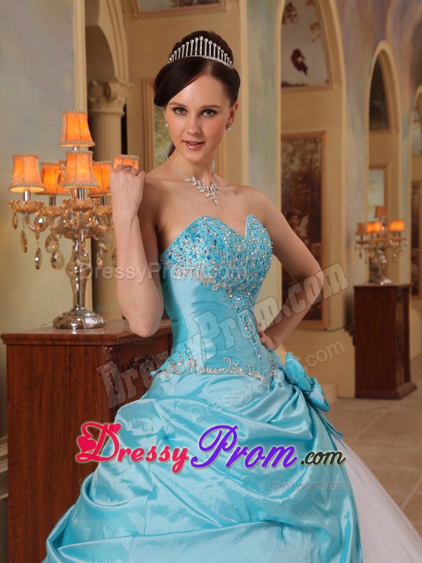 Hand Made Flowers Aqua Blue and White Beading Quinceanera Dress