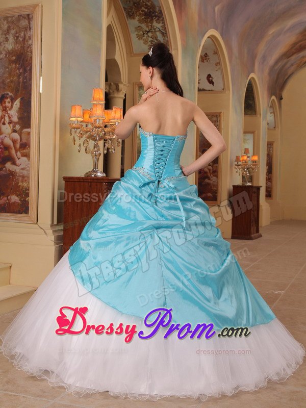 Hand Made Flowers Aqua Blue and White Beading Quinceanera Dress