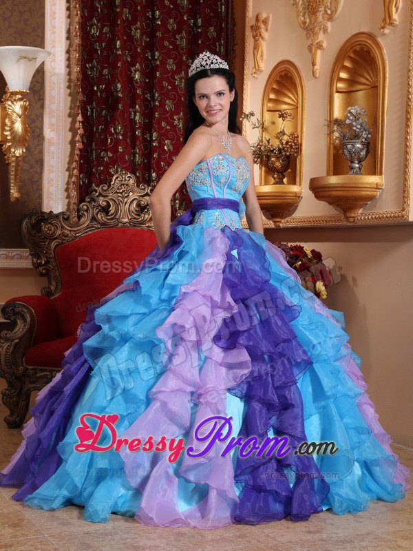 Multi-colored Ruffles Beading Appliques Sashed Quinceanera Dress
