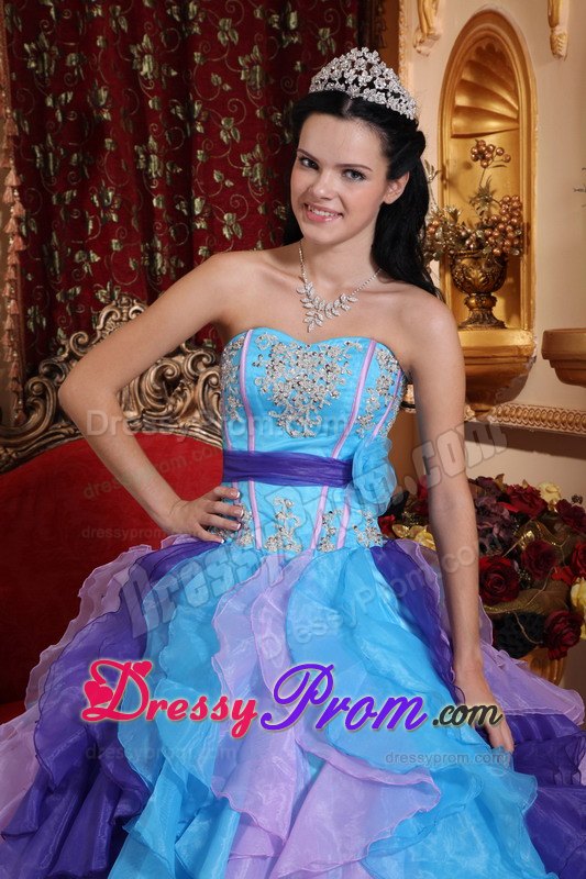 Multi-colored Ruffles Beading Appliques Sashed Quinceanera Dress
