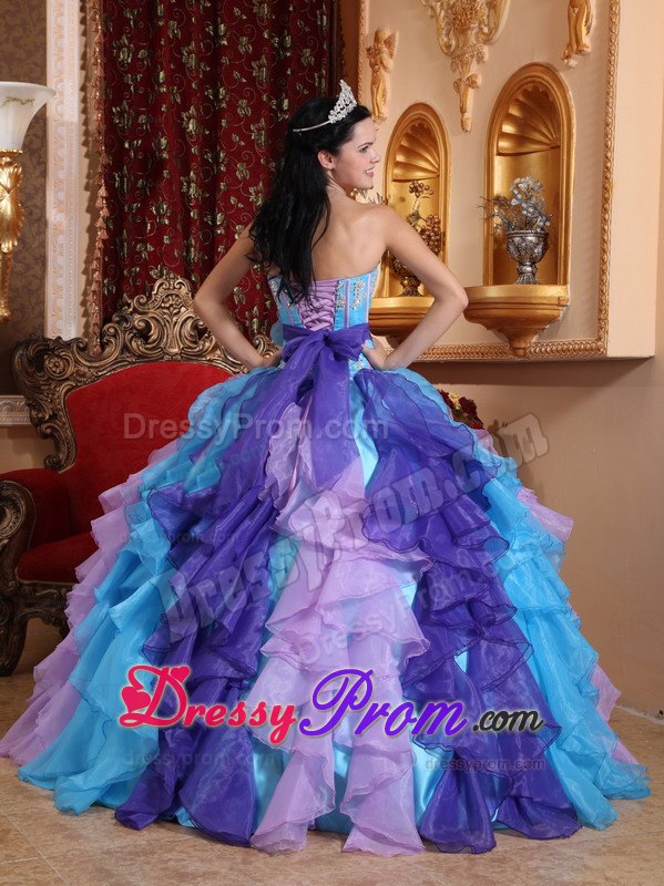 Multi-colored Ruffles Beading Appliques Sashed Quinceanera Dress