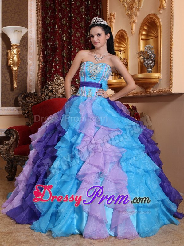 Multi-colored Ruffles Beading Appliques Sashed Quinceanera Dress