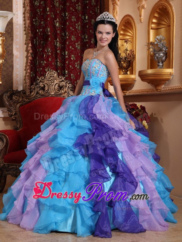 Multi-colored Ruffles Beading Appliques Sashed Quinceanera Dress