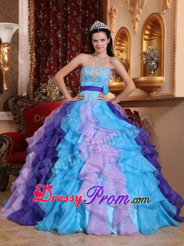 Multi-colored Ruffles Beading Appliques Sashed Quinceanera Dress