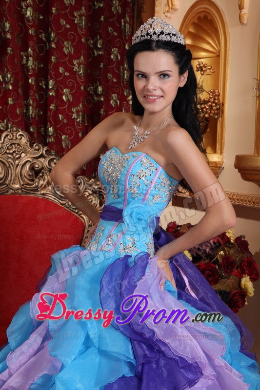 Multi-colored Ruffles Beading Appliques Sashed Quinceanera Dress