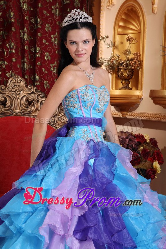 Multi-colored Ruffles Beading Appliques Sashed Quinceanera Dress