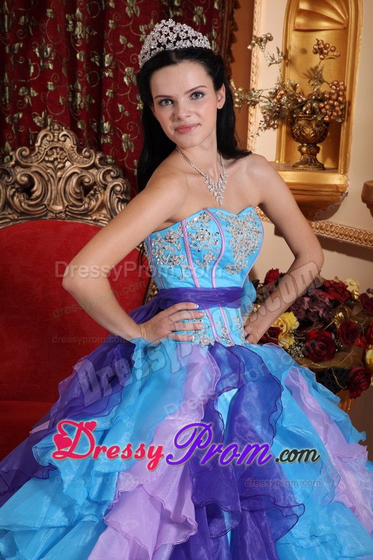Multi-colored Ruffles Beading Appliques Sashed Quinceanera Dress