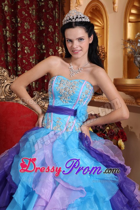 Multi-colored Ruffles Beading Appliques Sashed Quinceanera Dress