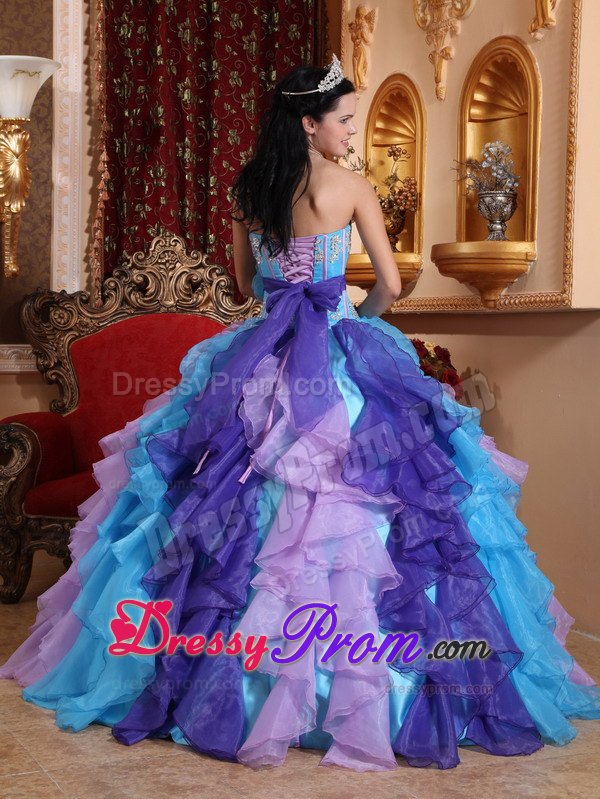 Multi-colored Ruffles Beading Appliques Sashed Quinceanera Dress