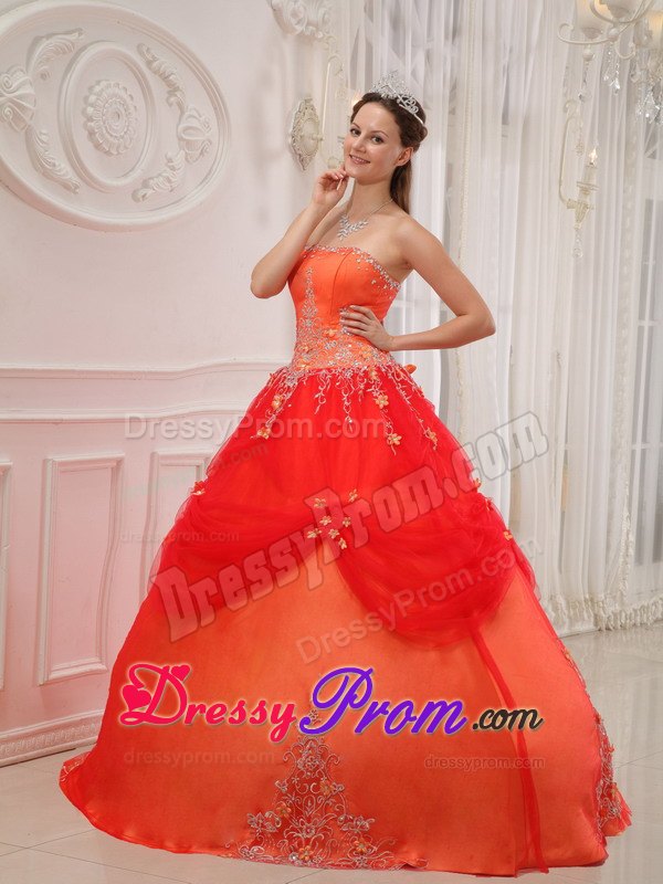 Orange Appliques Strapless Quinceanera Dresses with Pick-ups