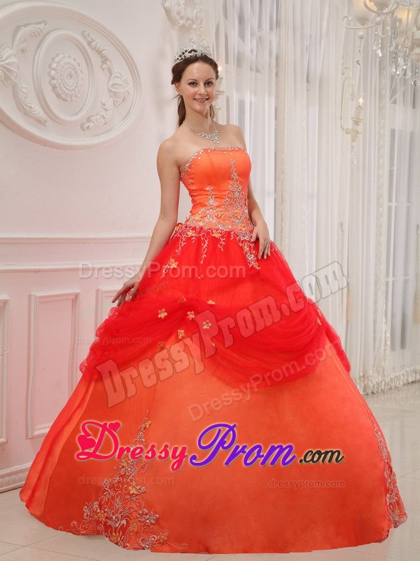 Orange Appliques Strapless Quinceanera Dresses with Pick-ups