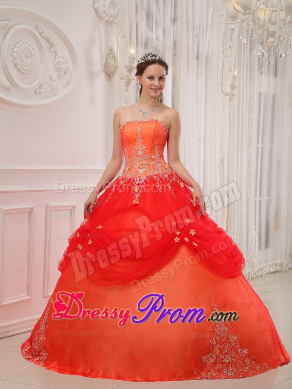 Orange Appliques Strapless Quinceanera Dresses with Pick-ups