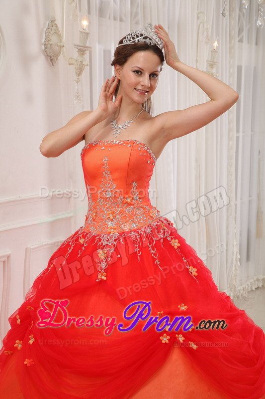 Orange Appliques Strapless Quinceanera Dresses with Pick-ups