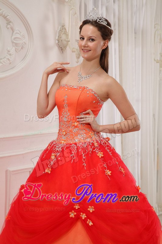 Orange Appliques Strapless Quinceanera Dresses with Pick-ups