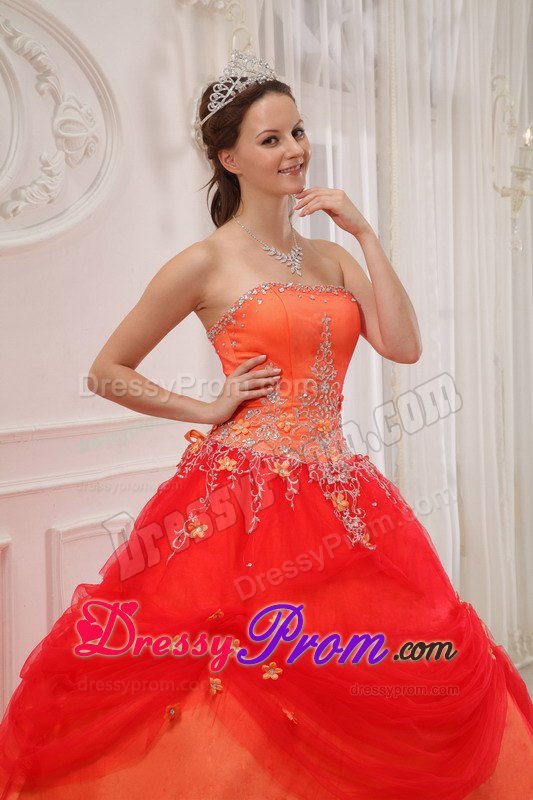 Orange Appliques Strapless Quinceanera Dresses with Pick-ups