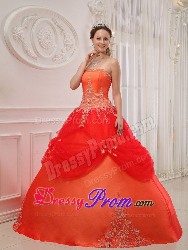 Orange Appliques Strapless Quinceanera Dresses with Pick-ups