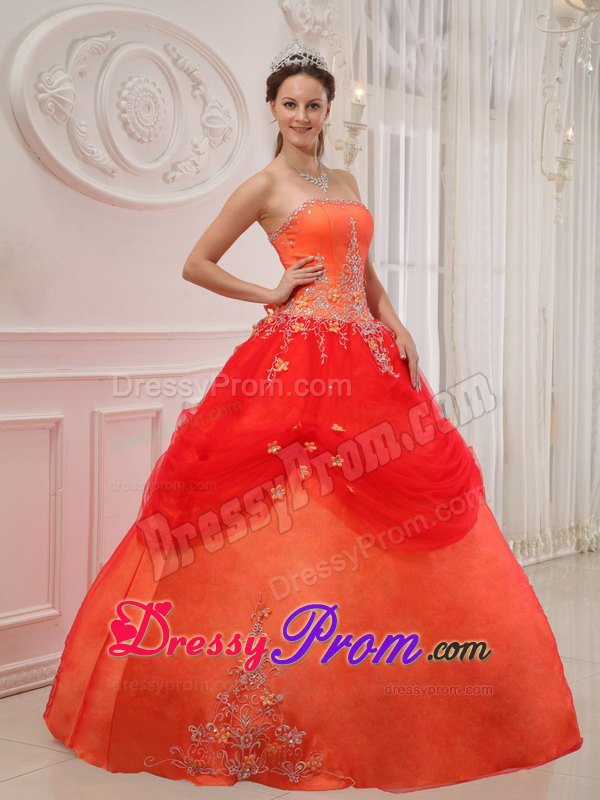 Orange Appliques Strapless Quinceanera Dresses with Pick-ups