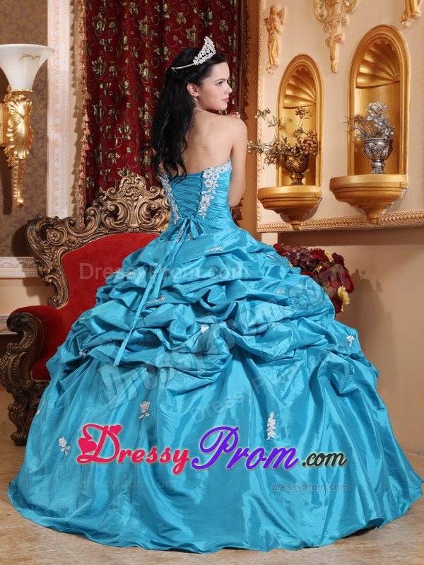 Appliques Aqua Blue Taffeta Pick-ups Quinceanera Dresses Gowns