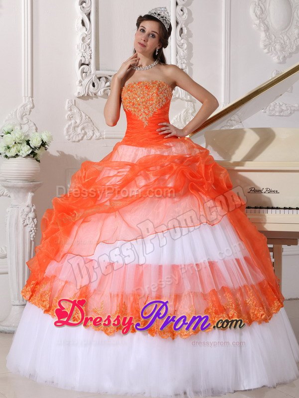 Orange and White Bowknot Appliques Dresses For Sweet Quinceaneras