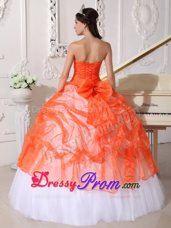 Orange and White Bowknot Appliques Dresses For Sweet Quinceaneras
