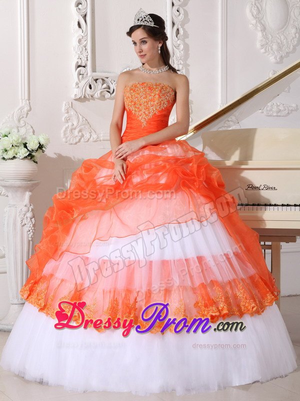 Orange and White Bowknot Appliques Dresses For Sweet Quinceaneras