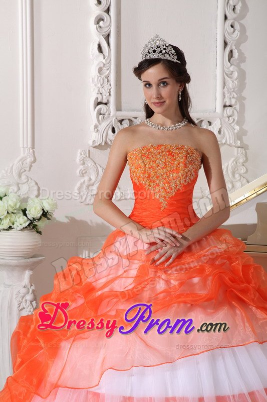 Orange and White Bowknot Appliques Dresses For Sweet Quinceaneras